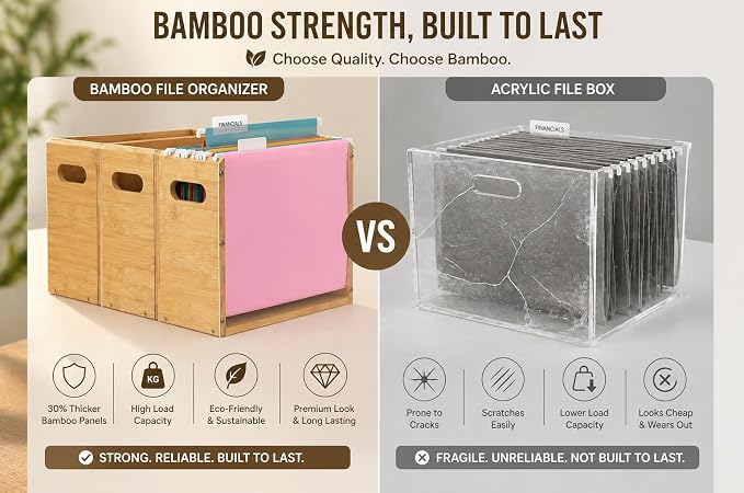 2 Pack Premium Thickened Bamboo Desktop Hanging File Organizer - Heavy Duty Portable Desk File Box with Handles, Sturdy Storage Crate for Letter Size Documents & Home Office