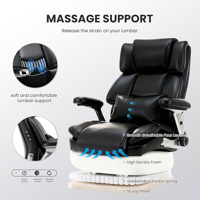 400lbs Big and Tall Executive Chair, Heavy Duty High Back Home Desk Chair | Ergonomic Office Chairs with 3D Kneading Massage, 3D Armrests, 5 Quiet Dual Rubber Wheel, Thick Pocket Spring Cushion