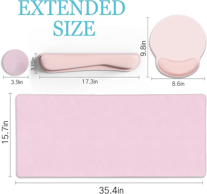 LIMKRIAN Pink Mouse Pad Set, Complete XXL Desk Mat with Ergonomic Keyboard Support & Coaster, Featuring Mouse Pad with Gel Wrist Rest for Pain Relief, Soft Pink Home Office Gaming Accessories Gift