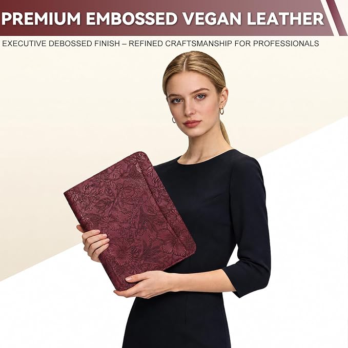 Leathario Portfolio Binder, Includes 5 Sheet Protectors and a Pen, 13 Inch Tablets Organizer, Vegan Leather A4 Padfolio, Multi-Pocket Notepad Business Planner Professional Document
