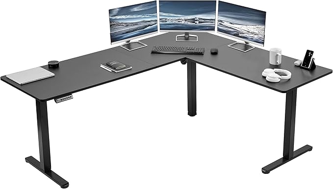 VIVO Corner Standing Desk, 75 x 63 inch Reversible L-Shaped Workstation, Electric Height Adjustment, Home, Office, and Reception Rooms, Black Table Top Black Frame, DESK-E3CTB-75
