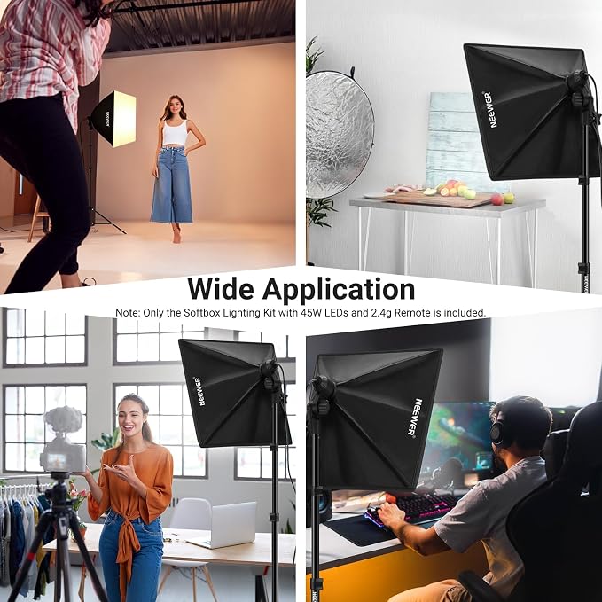 NEEWER 24"x24" 450W Equivalent Softbox Lighting Kit with Tripod Stand, 45W Bi Color 2.4G LED Bulb, Remote, 10 Channels 2900K-7000K 1400lx/1m CRI95 Studio Photography Recording Continuous Light, NK104