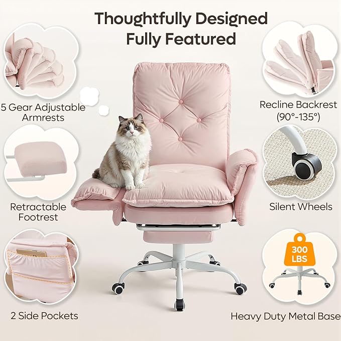 Bestier Criss Cross Office Chair with Flip-Up Armrests, High Back Executive Chair with Footrest & Wheels, Cross Legged Desk Chair for Home Office, Light Pink Velvet