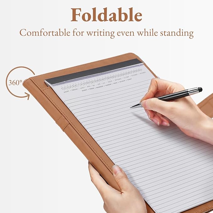 Mymazn Padfolio Portfolio Binder, Faux Leather Interview Resume Folder with Document Organizer & Business Card Holder, Letter-Sized Notepad Legal Pad Holder for Women Men (Light Brown)
