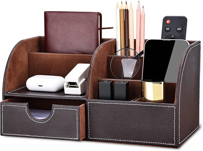 Pu Leather Desk Organizer Pen Pencil Holder Office Supplies Caddy Storage Box 6 Compartments with Drawer Brown