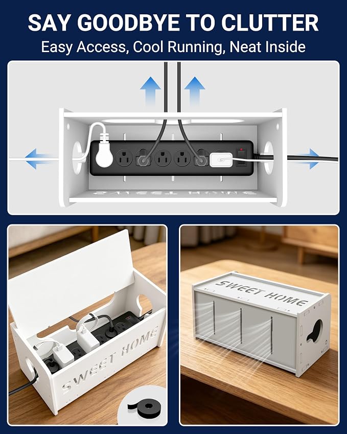 Large Cable Management Box, Imitation Wood Plastic Cord Organizer Boxs | Cord Hider Box for Power Strip Router & USB Hub & TV Wires, Suitable for Both Home and Office White
