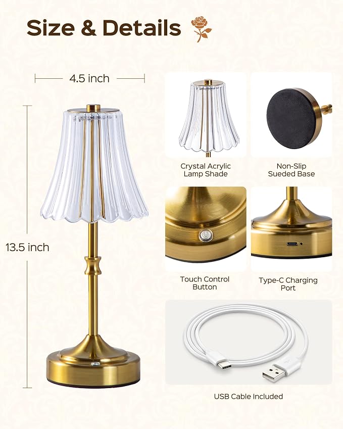 JACKYLED Vintage Cordless Table Lamp, Acrylic Crystal Flower Lamp Shade, 3 Colors Dimmable LED Golden Lamp, 5000Capactiy powerOperated Rechargeable Lamp for Kitchen Counter Home Decor