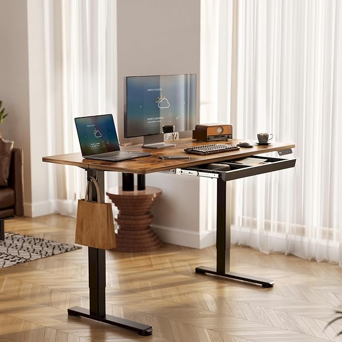 YDN Electric Standing Desk 55 x 24 Inch with Drawer Rustic Brown | 25.6 x 12.6 inch drawer with 11 lbs capacity, 28.3 to 46.5 inch height range, 176 lbs steel frame,45dB motor