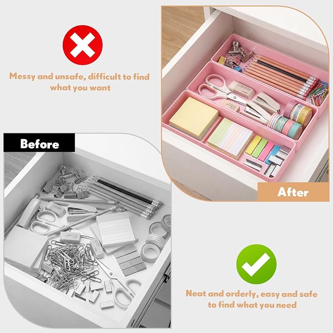 Teling 4 Pcs Pink Large Rectangular Desk Organizer Set, Half Accessory Tray, Plastic Tabletop Organizer for Office, Home, or Study, Dimensions: 9.45 x 2.95 x 1.38 Inches