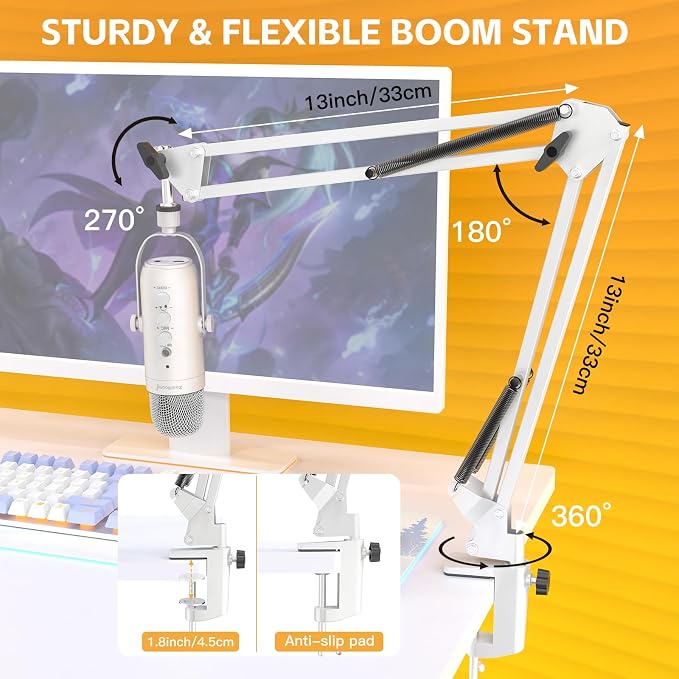 ZealSound Gaming Microphone for PC, USB Podcast Microphone with Noise Reduction, Mute & Gain Control, Zero-Latency Monitoring, Echo Control, Boom Arm, for Mac, iPhone, Stream, YouTube, TikTok (White)