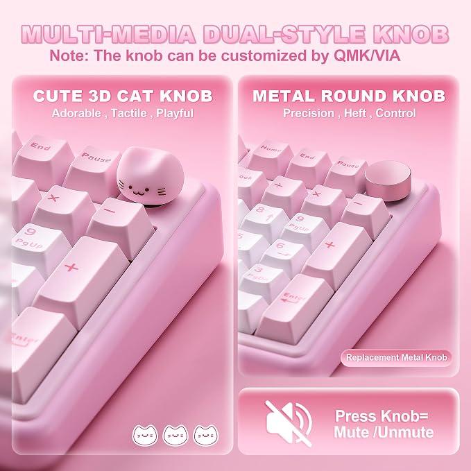 YUNZII B98 PRO QMK/VIA Wireless Mechanical Gaming Keyboard,96% Layout with Numpad and Cute Cat Knob, BT/2.4G/USB-C,Linear Switch Hot Swap Gasket,RGB for Win/Mac (Pink, Candy Linear Switch)