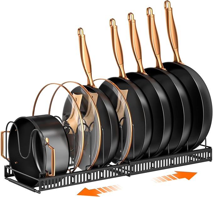 MUDEELA Expandable Pot Pan Lid Organizers inside Cabinet, 10 Divider-Black | Expandable 11.8–22.9", 10 Adjustable Divider, Tool-Free Assembly, Non-Slip, Scratch-Proof, For Pan Lid Cutting Board Bakeware