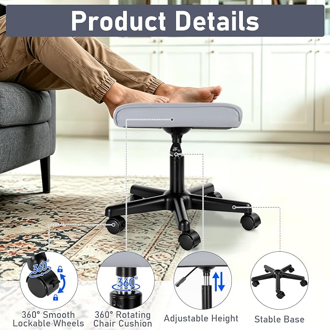Footrest Under Desk Leg Rest Ottoman Adjustable Height Foot Stool with Wheels Leather Footrest Grey