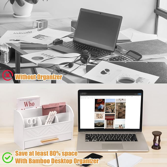 Charmewooden White Desk Organizer with Drawer, Pen Holder & Mail Sorter for Home Office