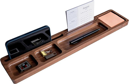 Walnut Wood Office Desk Tray Organizer, Multi-Compartment Storage Solution, Supply Organization Caddy, Tabletop Home Workspace