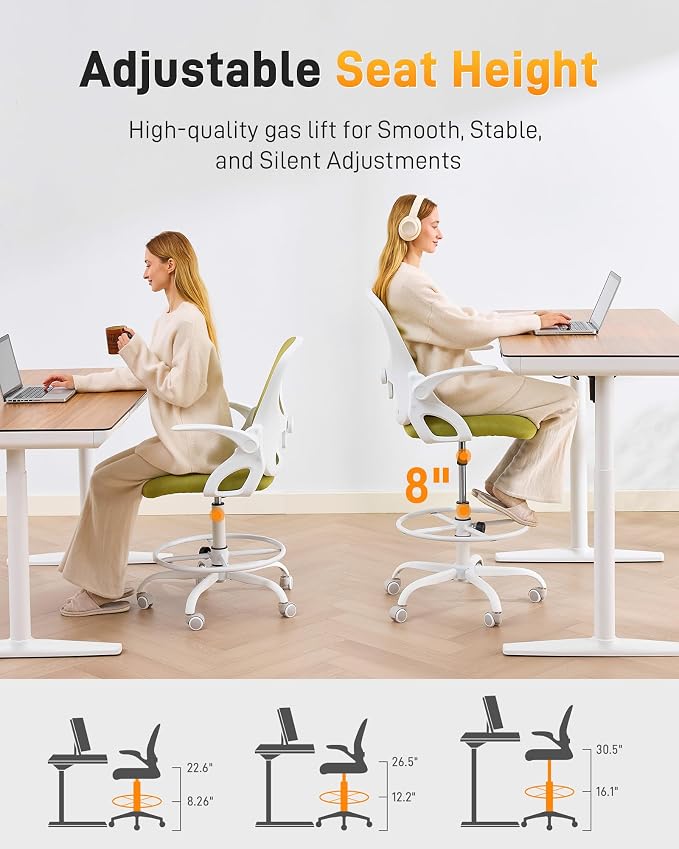 LukkDys Drafting Chair with Arms, Tall Office Chair for Standing Desks | Ergonomic lumbar pad, breathable mesh and foot ring support forward-leaning posture for sewing, crafts and daily studio work.