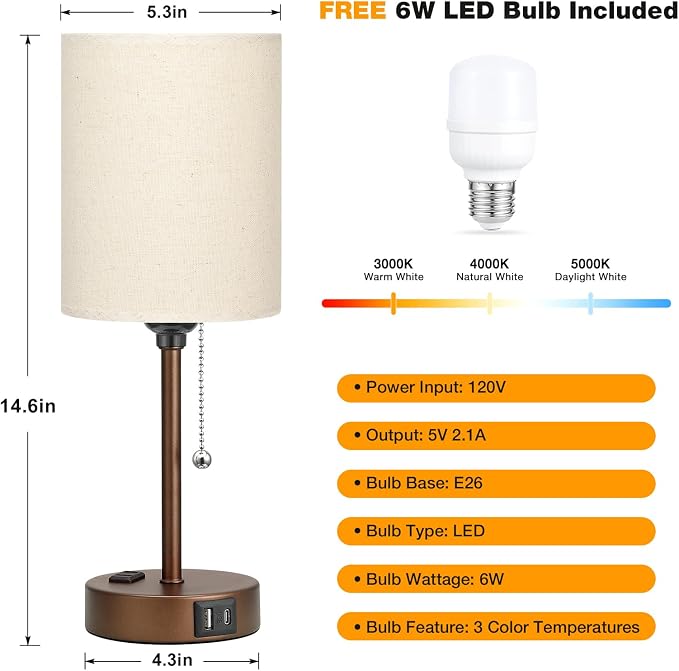 Dicoool Small Bedside Table lamp for Bedroom - 3 Color Temperatures Brown Bedside Lamps with USB C and A Ports, Pull Chain Table Lamps with AC Outlet, Black Nightstand Lamps for Kids Reading Study