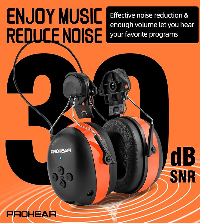 PROHEAR 037BR04 Bluetooth Hearing Protection with Adapter for 3M H-700 Hard Hats/DEWALT Hard Hat, 40H Playtime Safety Headphone for Construction Worker, Mowing - Orange
