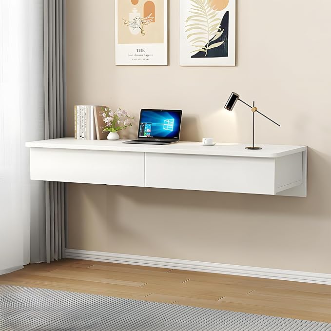 Floating Desk with Drawers, Wood Wall Mounted Desk, Floating Makeup Vanity, Space Saving, Sturdy and Stable, Floating Table for Living Room, Bedroom, Home, Office, White