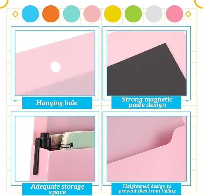 Gilprop 8 Pack Magnetic File Holder, 10"x13"x1.2" Magnetic Wall File Folders for Whiteboard, Hanging Classroom Organizer Storage, Refrigerator Magazine Holder for Mail Letters Paper Desk Office