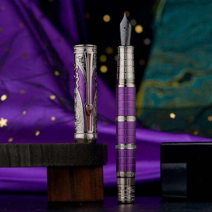 Hongdian D5X Fountain Pen Purple Color Fine Nib, Qin Dynasty Retro Chinese Totem Engraving Smooth Writing Pen with Converter and Pen Box Set