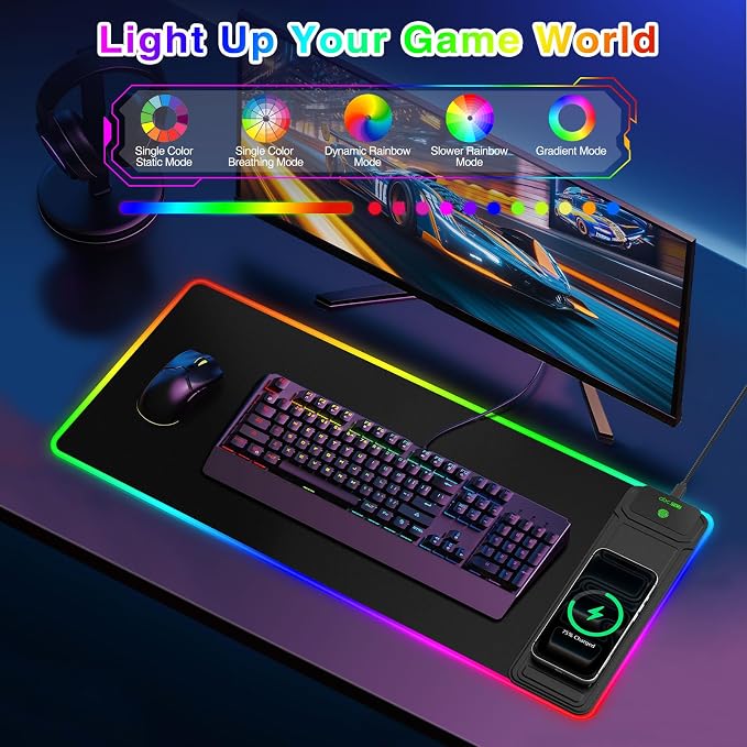 XL RGB Gaming Mousepad, 25 Lighting Effects, 15W Fast Charging, Phone Stand | 31.5"x11.8" Extended Keyboard Mat Pad with Stitched Edges, Ultra-Smooth Waterproof Surface, Non-Slip Base
