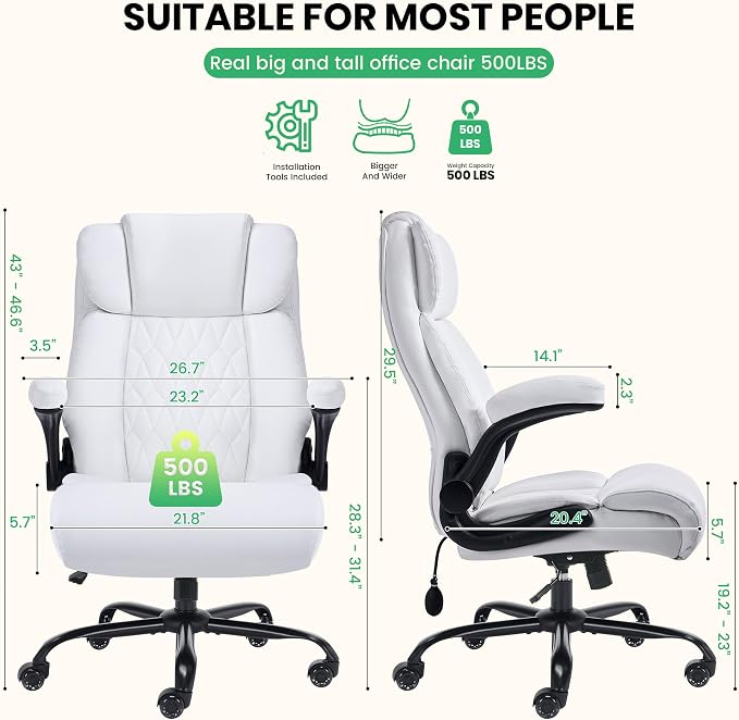 500lbs Big and Tall Office Chair Adjustable Lumbar Support for Back Pain, Extra Wide Seat Executive Office Chair Thick Armrest Pad, Heavy Duty Base&Upgraded Wheels, Ergonomic Comfy Computer Desk Chair