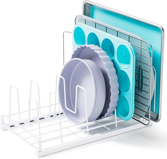 Food Container Lid Organizer Rack with Adjustable 6 Dividers, White | Full-Metal Pot and Pan Organizer Holder for Home Kitchen Cabinets, Drawers, Countertop, Cupboards, Pantry Shelves Storage