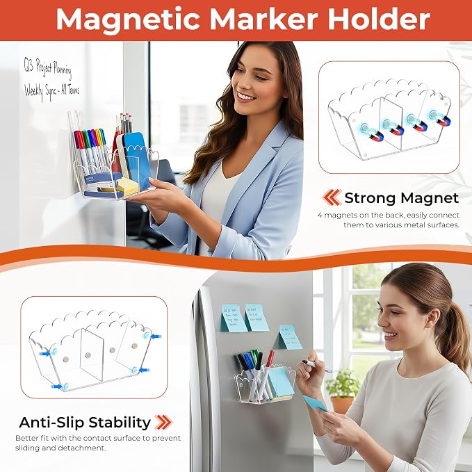 Chivalral Magnetic Side-Mount Acrylic Pen Holder - 2-Compartment Scalloped Organizer with Blackboard Attachment for Office, Classroom & Home Use