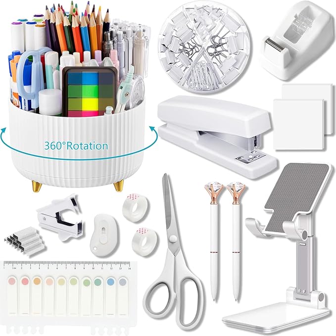 Office Supplies, White Desk Accessories,Desk Organizer,Phone Stand,Scissors,Stapler,Tape Dispenser,Binder clips,Staples,staple remover,Sticky Notes,Index Tabs,Clear Tape,Mini Box Cutter,Cool Pen.16pcs