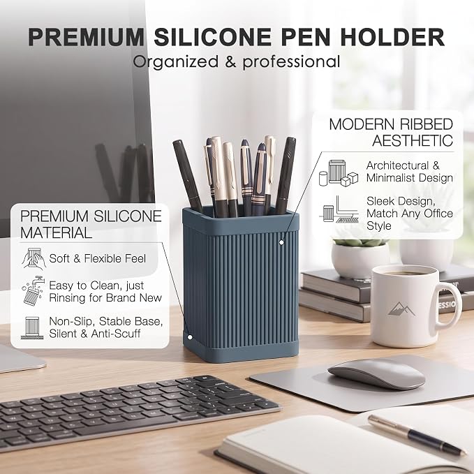 HighHerz Aesthetic Pen Holder For Desk, Modern Silicone Pencil Holder, Stylish Office Desk Decor, Made of 5 mm Thickened Premium Silicone, Office Desk Organizer And Accessories (Dark Blue)