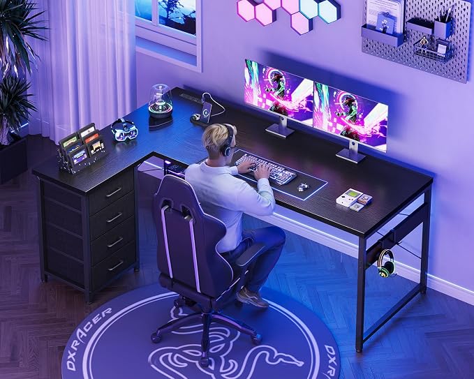 AODK 61" L Shaped Gaming Desk with 4 Drawers and Power Outlets, Black | USB Ports, PC Tower Stand, Hooks, Reversible Corner Layout for Gaming Rooms, Bedrooms and Home Office