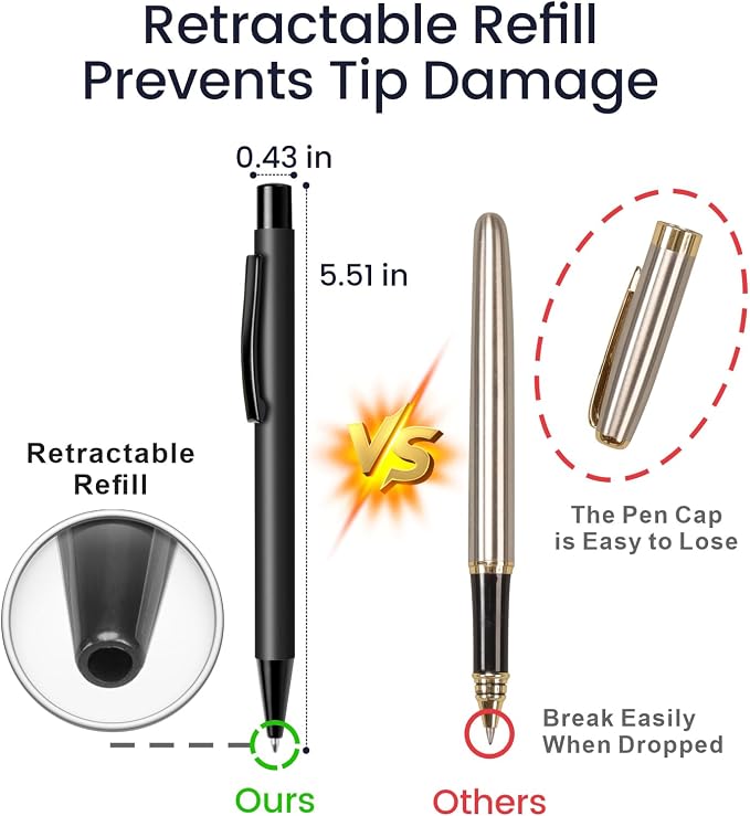 Cambond Retractable Click Ballpoint Pens - Matte Metal Barrel for Police Duty, Nurses, One-Handed Operation, 1.0mm Medium Point Smooth Writing, Heavy Duty Clip, 5 Pens with 5 Refills (Black)