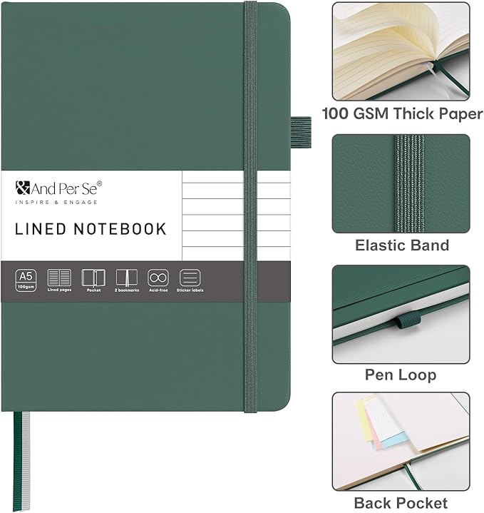 &And Per Se Lined Journal Notebook – A5 Hardcover, 160 Pages 100gsm Thick Paper, College Ruled for Writing - 5.7”x8” (Dark Green)