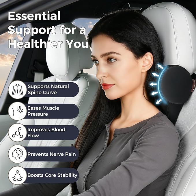 Coverado Car Headrest Pillow, Ergonomic Memory Foam Car Neck Pillow for Driving Seat with Adjustable Strap, Soft PU Leather Breathable Removable Cover Neck Support for Neck Pain Relief