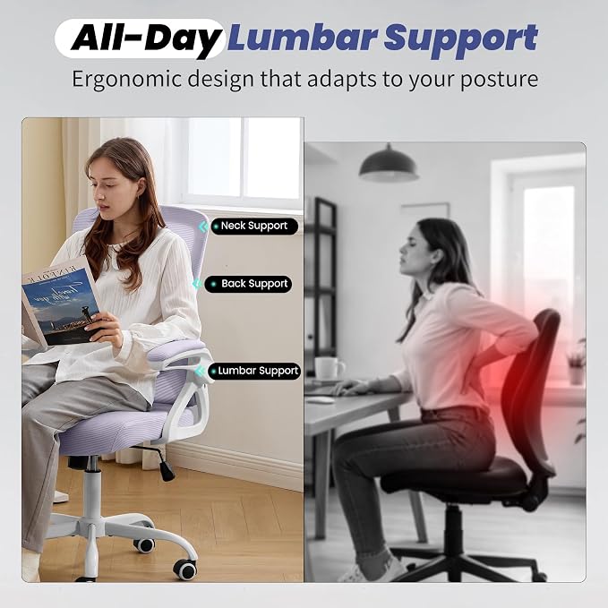 Executive Office Chair with Adjustable Lumbar Support Flip-Up Arms,Lavender | Desk Chair Breathable Mesh Comfy Computer Chairs with Flip-up Armrests Executive Task Chair for Adults Home Office,400lbs