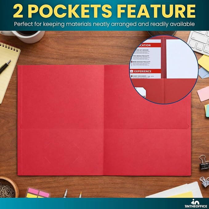 1InTheOffice Pocket Portfolio, Embossed Pocket Paper Folder, 11 x 8.5, Red, 25 Pack