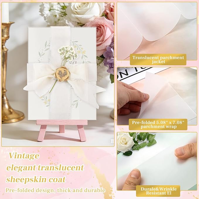Wedding Invitation Accessories Kit, Pre-Folded Vellum Jackets for 5×7 Invitations with Wax Seal Stickers, Ribbon & Dried Flowers, Elegant Wedding Invitation Accessories for DIY Bridal Invites (Off-White, 100)