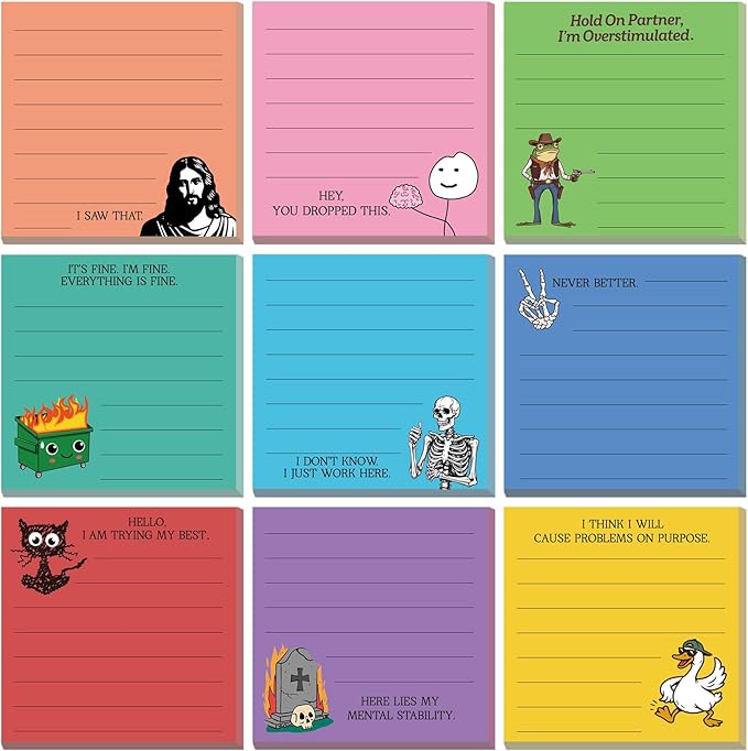 9 Pads Funny Sticky Notes 3x3 Inch Cute Self Stick Notepads Notes Adhesive Memo Pad Office Decor Gifts for Students School Teacher Meeting Office Supplies