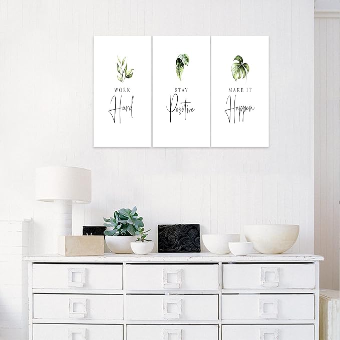 3 Piece Inspirational Wall Art, White Plants Sayings Picture, Quotes Work Stay Make it Canvas Prints for Office Decor, Triptych Entrepreneur Framed Artwork for Women Men Home Wall Decor (36" Wx24 H)