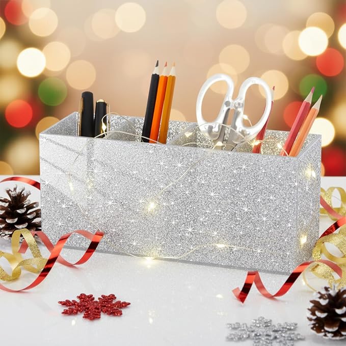 Jetec Acrylic Glitter Pen Holder 4 Compartments Bling Makeup Brush Stationery Organizer Pencil Holder for Desk Accessories Sparkly Gifts for Women Birthday Valentines Desktop Workplace Office(Sliver)