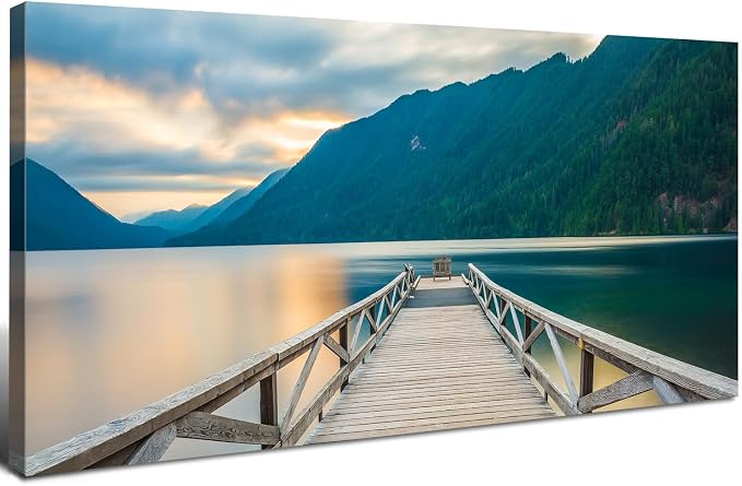 Olympic National Park Canvas Wall Art Crescent Lake Pictures Wood Dock Wall Decor Sunset Mountains Scenery Canvas Prints Photo Nature Artwork for Living Room Bedroom Office Home Decoration 24x48"