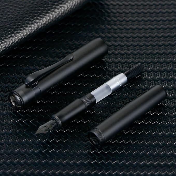 HONG DIAN M2 Black Forest Mini Fountain Pen, Long Blade Nib & Sleek Shape Aluminium Short Pocket Travel Pen (Matte Black)