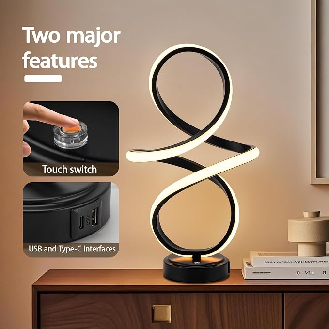 Mayful Modern Spiral Table Lamp, Black Small Nightstand Lamp with USB C & A Ports, Touch Control Dimmable with 3 Color Temperatures,Unique LED Bedside Lamps for Bedroom Living Room Nightstand Office