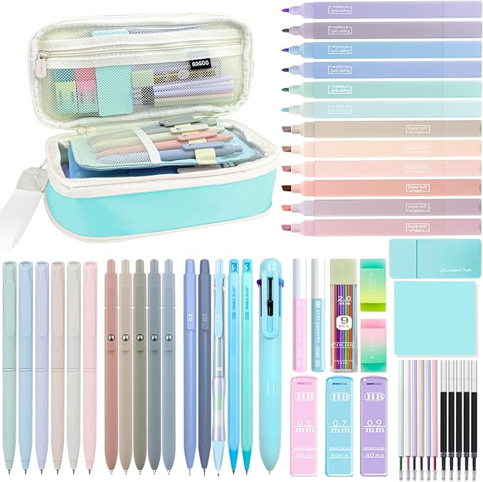 54pcs Aesthetic School Supplies Cute Stationary Set with Pencil Case 12 Highlighters, 5 Black & 6 Color Ink Gel Pens, 6-in-1 Ballpoint Pen,5 Mechanical Pencils 0.5-2.0mm for College Essentials (Blue)