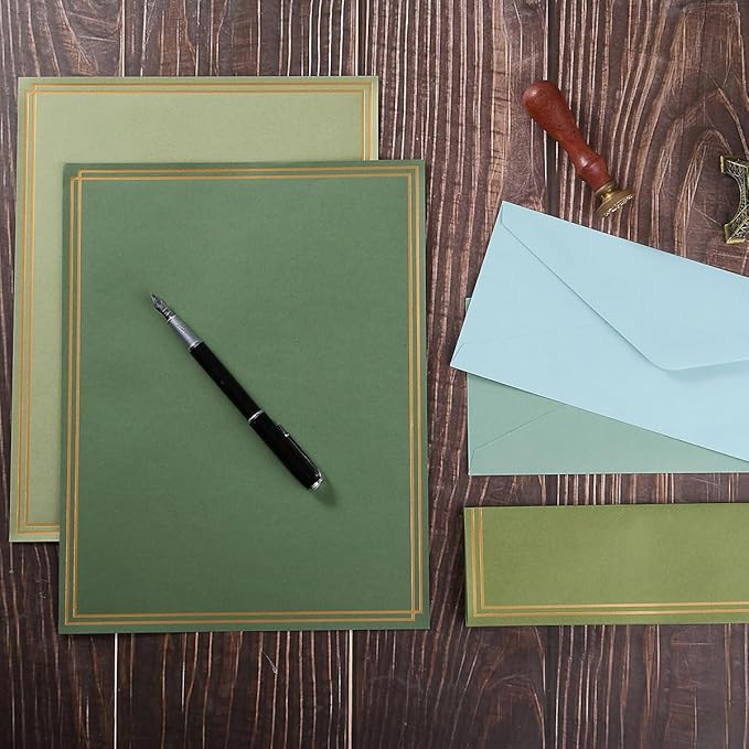 50 Pack Colored Stationery Set, 5 Colors #10 Business Envelopes, 50 Sheets 8.5x11 Paper Sheet and Gold Stickers for Office, Letters, Invitations (Sage-Green)