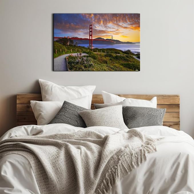 Famous Cityscape Canvas Wall Art Red Golden Gate Bridge Picture Bedroom Wall Decor Modern Urban Landmark Photography Poster Prints Painting Framed Artwork for Living Room Office Home Decoration 24x36"