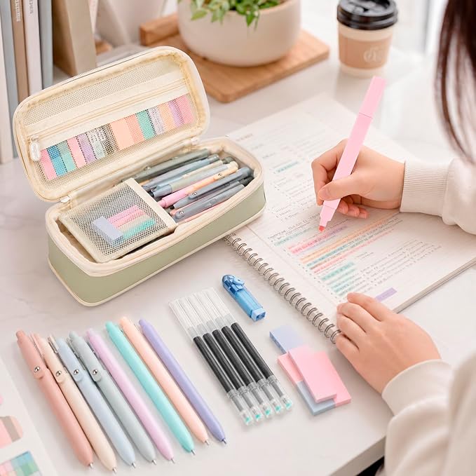Aesthetic School Supplies with Pencil Pouch - 57 Pcs Cute College Essentials Set, Big Capacity Pen Case, Eraser Holder, Pastel Highlighters, Bible Study Journaling Stationary Kit for Girls Teens