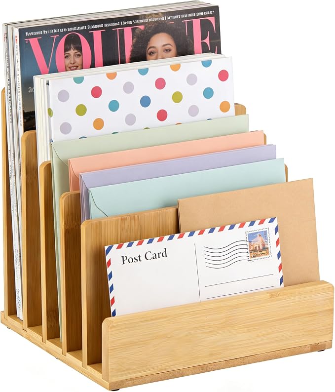 Bamboo Desk File Organizer, 5-Section Vertical Mail Sorter, Home Office Desktop Holder for Folders, Letters, Envelopes, Bills, Documents Storage