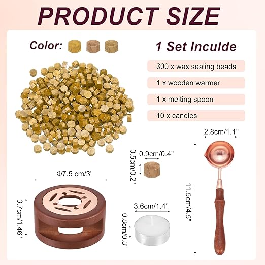PATIKIL Wax Seal Kit, 300 Pcs Wax Sealing Beads, Wooden Warmer, Melted Spoon, 10 Pcs Tealight Candles for Envelope Letter Mailing Crafts DIY, 3 Gold Tone